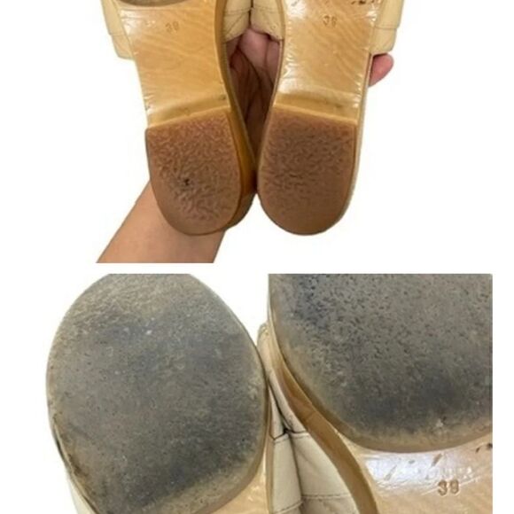 AUTHENTIC VINTAGE CHANEL BEIGE LEATHER SILVER TURNLOCK WOOD CLOGS SIZE 39 - Picture 6 of 6
